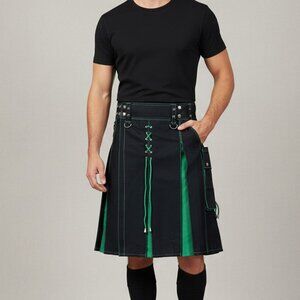 Hybrid Utility Kilt for Men Black with Green Pleats  Christmas Gift Idea